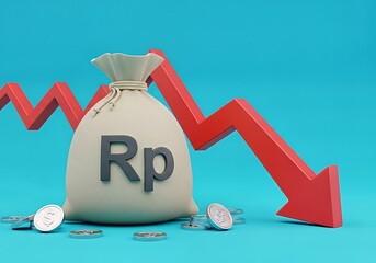 Financial downturn A money bag with coins and a downward-trending arrow symbolizing economic decline and investment loss