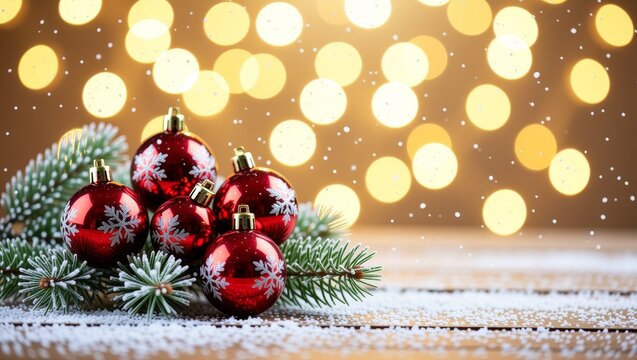 Christmas ornaments on pine branches with snowflakes and golden lights - Powered by Adobe