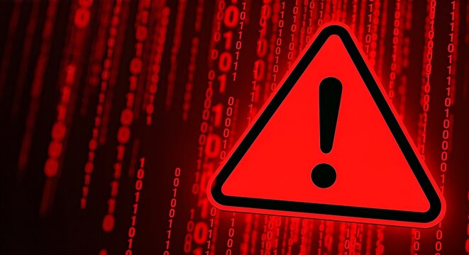 Red warning sign with exclamation mark against a backdrop of cascading binary code, signifying a digital alert or cyber threat in the technological realm - Powered by Adobe