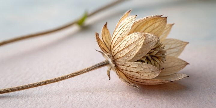Dried hop flower blossom resting on textured surface evokes autumn warmth and natural beauty in a delicate botanical still life
