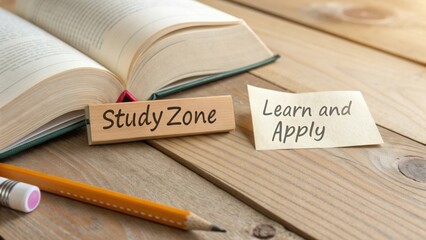Wood table with open book, pencil, notepad, and wooden blocks promoting study environment and learning tips for students