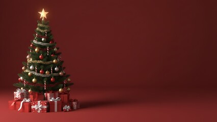 Decorated Christmas tree with gifts on a red background