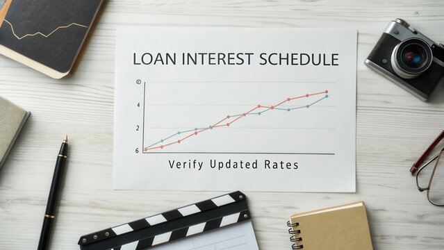 Loan Interest Schedule Overview with Graph and Camera on Desk Showing Financial Planning and Documentation Process