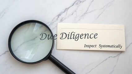 Magnifying Glass Over Due Diligence Document on Marble Surface for Business Analysis and Evaluation Purposes