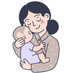 Happy Mother Embracing Her Baby with Closed Eyes and Smiling Face Gentle Hugging With Soft Lavender and Beige Tones Flat Illustration Style With Transparent Background