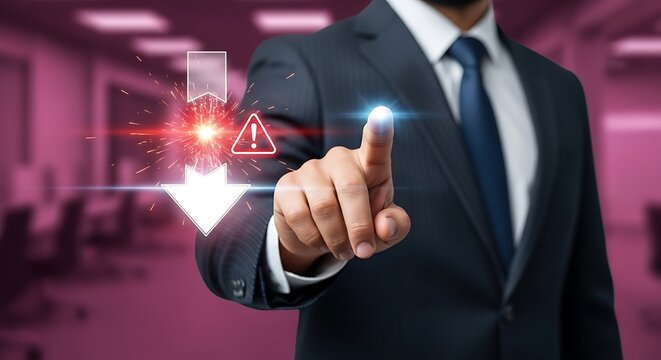 Businessman points to digital warning sign and downward arrow with sparks pointing finger