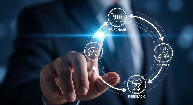 Businessman touching digital customer journey flowchart with icons purchase service
