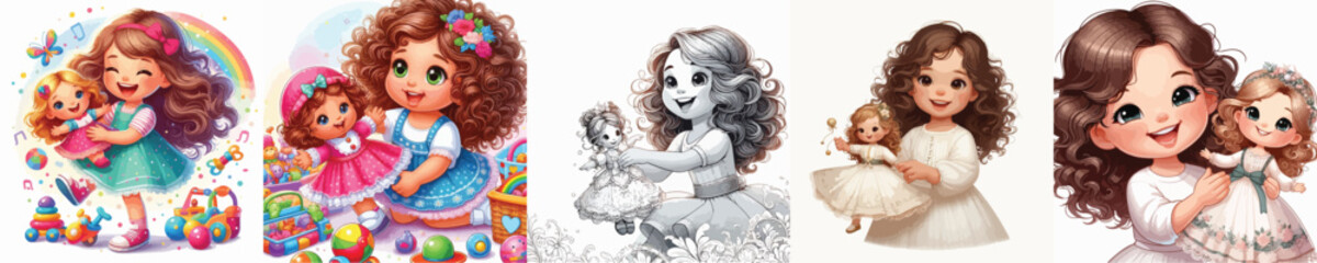 VECTOR IMAGE OF GIRL PLAYING WITH DOLL WITH WHITE BACKGROUND