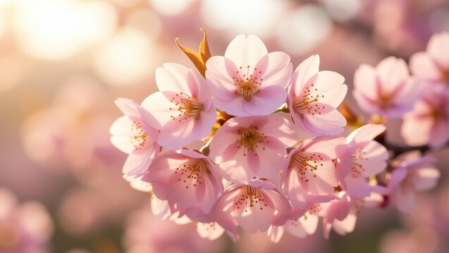Pink cherry blossoms in soft sunlight