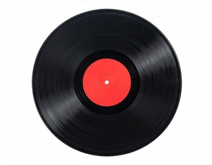 Black vinyl record with a red label on a white background
