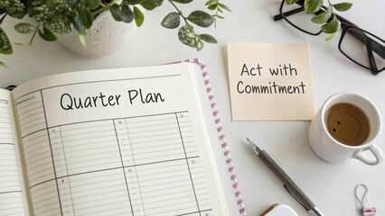 Motivational Workspace with Planner, Coffee, Glasses, and Greenery for Productivity and Commitment in Personal Planning