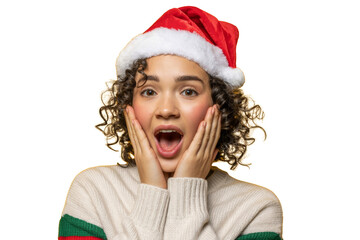surprised woman in santa hat, isolated on white background
