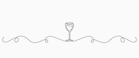 Wine  glass with wine, one continuous line sketch. Line art, vector illustration