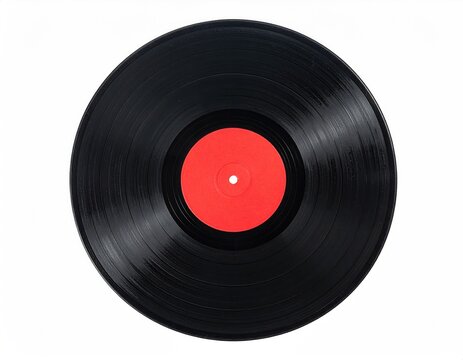 Black vinyl record with a red label on a white background