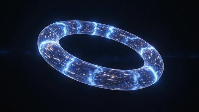Glowing Ring Of Futuristic Energy And Particles Levitating In Dark Space With Electrical Discharge