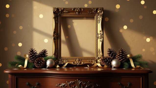 Golden ornate frame with Christmas decorations on dresser - Powered by Adobe