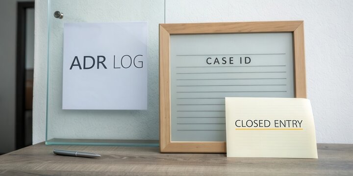 Office Workspace Displaying ADR Log, Case ID Board, and Closed Entry Note on Desk with Minimalistic Design Elements