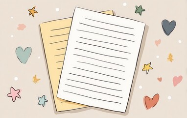 Minimalist cute writing paper sticker with pastel tones, lined layout, and vector icons like stars and hearts, perfect for school stationery, journaling, or productivity planning tools.