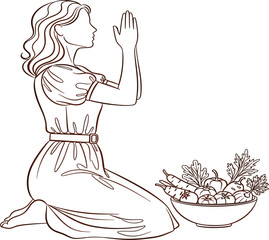 Brown Line Art Vector of a Woman Kneeling in Prayer or Gratitude Beside a Bowl of Harvest Vegetables, Symbolizing Thankfulness, Abundance, Faith, and Thanksgiving Concept.