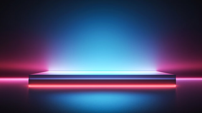 Futuristic illuminated platform with neon lights in blue, pink, and red. Floating stage design is ideal for tech presentations, product showcases, and digital art with a sci-fi ambiance.