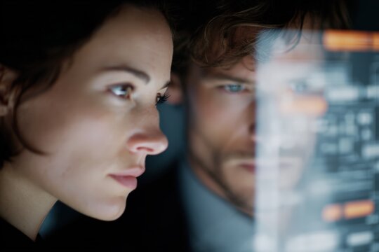 Focused professionals analyzing digital interface with erp modules and sales pipeline, showcasing strategic planning, operational efficiency, and data-driven decisions in modern business