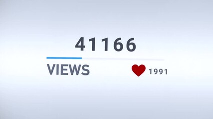 Viral social media view counter showing increasing numbers in visualizations and likes while engagement progress bar grows. Computer or phone screen measuring success of channel account - Powered by Adobe
