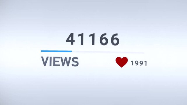 Viral social media view counter showing increasing numbers in visualizations and likes while engagement progress bar grows. Computer or phone screen measuring success of channel account - Powered by Adobe
