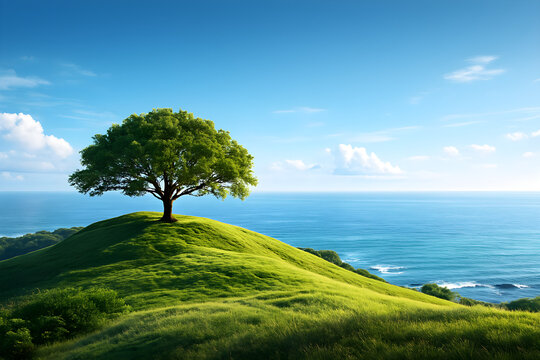 Lone Tree on a Green Hill Overlooking the Ocean &ndash; Scenic Coastal Landscape