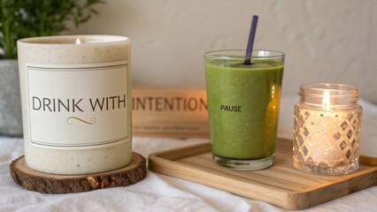 Relaxing moment with green smoothie, scented candle, and intention setting for mindfulness and self-care practice