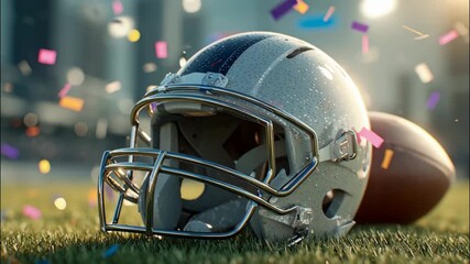 American football helmet and ball on grass with confetti in background   - Powered by Adobe