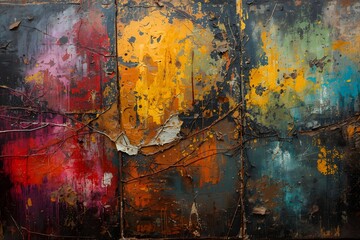 Colourful Canvas Abstract Painting Grunge Dark Rusty Distorted Decay Old Texture for Autumn Background Wallpaper.