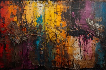 Colourful Canvas Abstract Painting Grunge Dark Rusty Distorted Decay Old Texture for Autumn Background Wallpaper.