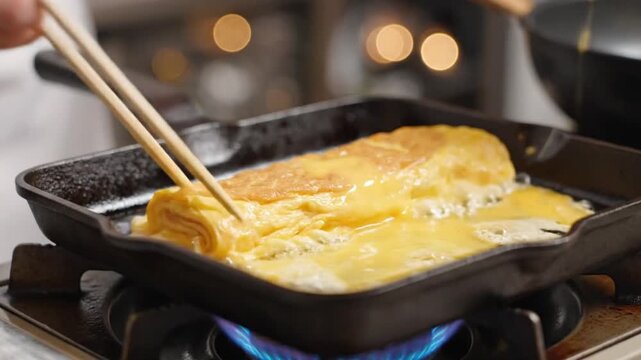 Cooking japanese omelette kitchen cooking tutorial home close-up culinary techniques