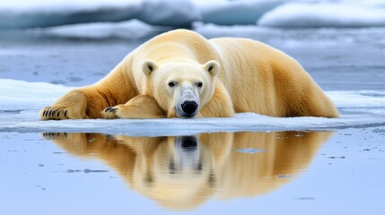 A majestic polar bear resting on ice with a water reflection