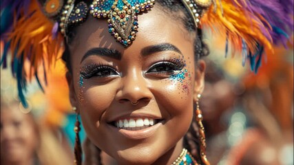 Black woman smiling in colorful costume at carnival celebration   - Powered by Adobe