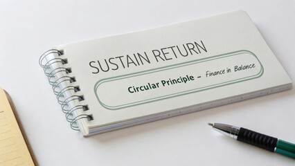 Sustainability in Finance with Circular Principle Concept on Notebook and Pen for Balanced Returns