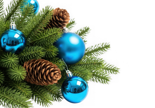 Christmas tree branch with blue ornaments and pinecones on transparent background