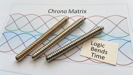 Three Metallic Rods Arranged on a Colorful Chart Representing Time Manipulation Concepts and Their Relation to Logic