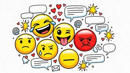 Collection of diverse emoji faces expressing various emotions like joy, anger, sadness, and winking isolated on white background
