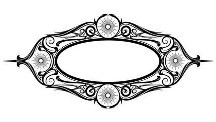 Vintage ornate black and white decorative oval frame or banner element isolated on white background