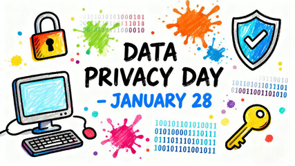 Hand drawn locks and binary elements represent data privacy day, digital security, and information protection concepts, suitable for popular science network security promotional materials.
