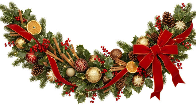 Christmas pine garland with red bows and dried oranges