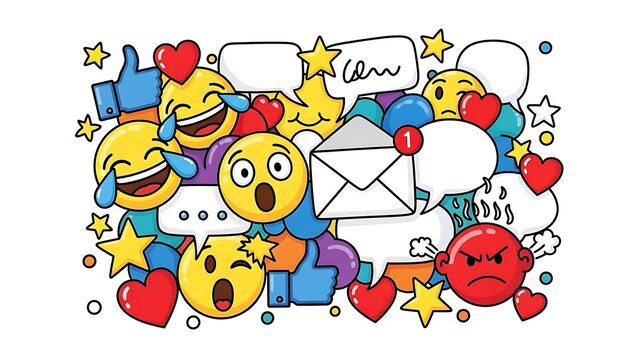 Collection of colorful social media emoji icons with speech bubbles and like symbols isolated on white background