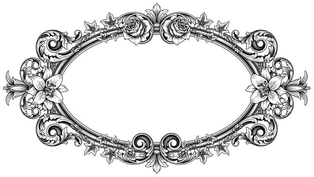 Ornate vintage oval frame with detailed floral engraving isolated on white background
