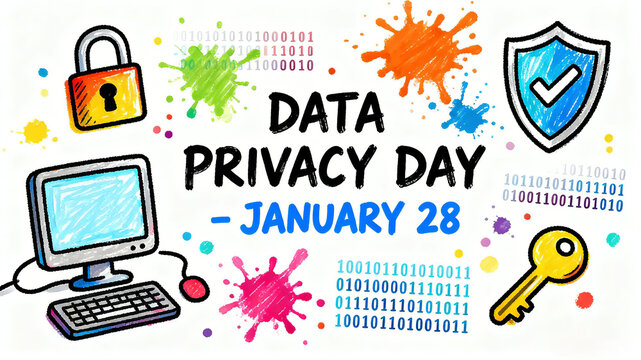 Hand drawn locks and binary elements represent data privacy day, digital security, and information protection concepts, suitable for popular science network security promotional materials.
