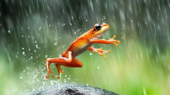 Orange Frog Leaping Over a Wet Rock in the Rain