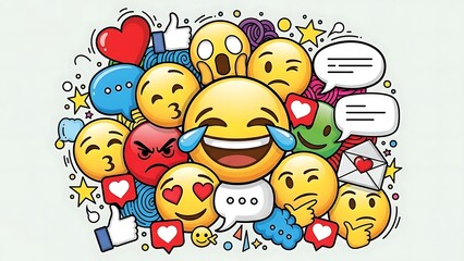 Collection of diverse cartoon emoji faces expressing various emotions like laughter, love, and anger isolated on white background