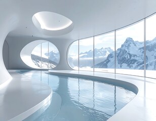 Modern, futuristic indoor pool with large windows framing snow-capped mountains
