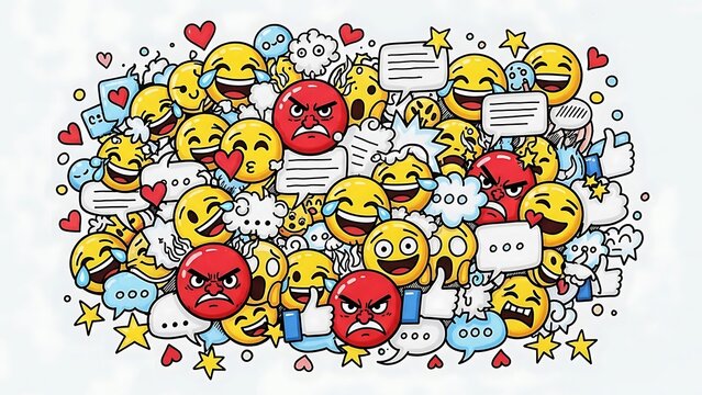 A large chaotic pile of angry and happy emoji faces with speech bubbles and hearts isolated on white background