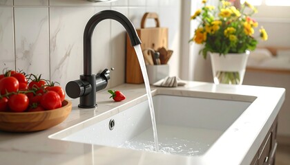 Modern kitchen scene, with running water, tomatoes, and flowers